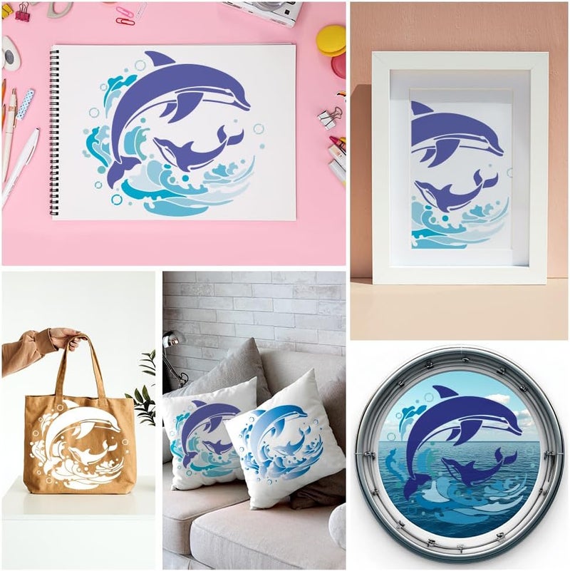 DOODLREAM Dolphin Wall Stencil Template 11.8 x 11.8 Inch Reusable Plastic Ocean Sea Creature Themed Stencil for Painting on Wood Wall Floor Fabric Glass DIY Home Decor - Image 5